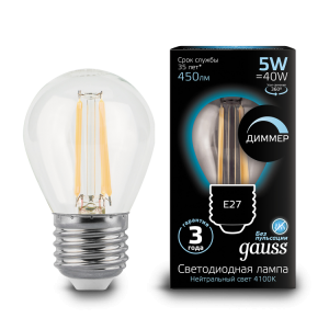 Лампа светодиодная филаментная Black Filament 5Вт P45 шар 4100К нейтр. бел. E27 450лм диммир. 105802205-D