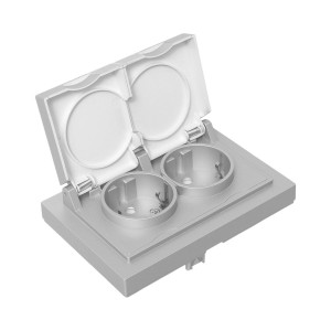 Механизм розетки двойной, 16А, IP44, с заземлением, со шторками, с рамкой, с крышками, алюминий Эпика EKF UP1-SOA-211-44