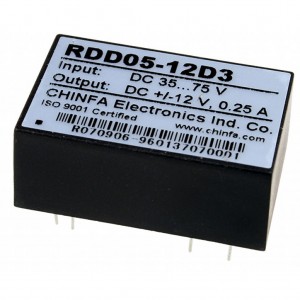 RDD05-12D3, DC-DC, 5Вт, Uвх=35...75В, Uвых=±12В/±250мА, изоляция 1500В DC, 32х20х12.7мм, -25°С…+71°С, Dual output