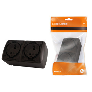 Розетка двойная 2П+3 открытой установки IP54 16А с прозрачной крышкой шоколад "Селигер" SQ1818-0209