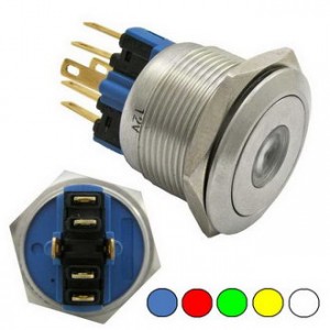 GQ22-11D/Y  ON-(OFF)+OFF-(ON), Антивандальная кнопка металлическая без фиксации с точечной подсветкой, посадочная резьба М22, контакт на замыкание и контакт на размыкание, контакты под пайку/под разъем