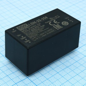 LDH-25-350, DC/DC LED понижающий, вход 9.5…32В, выход 12.5…72В/0.35А, КПД до 95%, вход DIMM 2 in 1, 52.4x27.2x24мм, DIP, -40…70°C, пластик