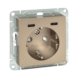 Механизм розетки с USB-C - 2шт, 16А, с заземлением, со шторками, шампань Эпика EKF UP1-SOC-111-2USBC