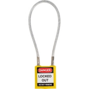 gws146129, Замки нейлоновые компактные с гибкой дужкой, дужка – стальной трос в виниловой оболочке, высота дужки – 107 мм, диаметр дужки – 4.7 мм, нейлоновый корпус, размеры корпуса – 35х32х16 мм, система "Одинаковые ключи", цвет – желтый, 6 шт/упак