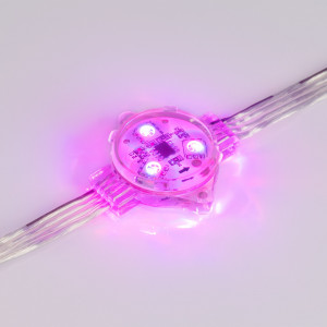 Модуль управляемый VISOR-SPI-5060-3-12V RGB 120deg (D30x16mm, 0.75W, IP68) 029377, Управляемый светодиодный модуль SPI с держателем, RGB, микросхема ТМ 1914, напряжение 12 В, мощность 0.75 Вт, 3 светодиода SMD 5060, угол 120°. Создание медиафасадов. Функция обхода битого пикселя. 20 шт на проводе, расстояние между центрами модулей 150 м