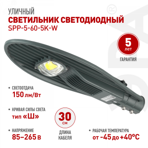 Светильник светодиодный пром. SPP-5-60-5K-W 620х245х70 60Вт 6600лм 5000К IP65 (Аналог ДКУ) консольный (КСС "Ш") Б0029441