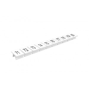 Маркировка (полоска) 308801/71...80, Маркировочные шильдики, для клемм сечением 6 мм.кв., боковая / верхняя, 10 шильдиков, нанесенные символы: 71...80, с горизонтальным расположением, размер шильдика: 8 x 10,6 мм, цвет: белый