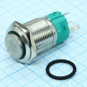 A16-C4-B-1 с зеленой подсветкой, Кнопка антивандальная с подсветкой 250В d16 3A 250B (5c) (ON)-OFF/(OFF)-ON без фиксации