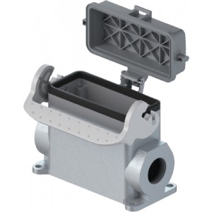 Закрытое основание разъема BAS GUT GS 16HM32 A1, Основание разъема на панель, закрытое, типоразмер 16B, высокое исполнение, с уплотнителем, 1 отверстие с резьбой для кабельных вводов M32x1,5, с левым расположением, с одной защелкой, с защитной крышкой, материал корпуса: алюминиевый сплав