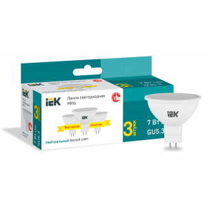 Лампа светодиодная 7Вт MR16 софит 4000К нейтр. бел. GU5.3 230В (уп.3шт) LLE-MR16-07-230-40-GU5-3