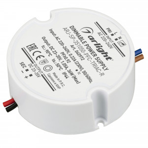 Блок питания ARJ-SP-351050-PFC-TRIAC-R (36W, 23-35V, 1050mA) 040972, Диммируемый источник тока по стандарту TRIAC с гальванической развязкой для светильников и мощных светодиодов. Входное напряжение 220-240 VAC. Выходные параметры: 23-35 В, 1050 mА, 36 Вт. Встроенный PFC >0,92. Негерметичный пластиковый корпус IP 44.