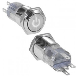LAS2GQF-11ZDT/W/N ON-ON, Кнопка антивандальная металлическая с фиксацией с символьной белой подсветкой, 3А 250В, резьба М16