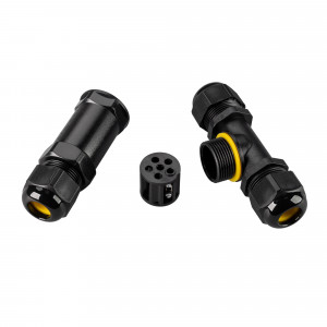 Коннектор NEO-GERM-5pin-T-WTW (4-8mm) 030760, Коннектор пластиковый Т-образный пятиконтактный для соединения проводов диаметром 4-8 мм, сечением 0,5-4 мм2. Номинальный ток 24 А. Номинальное напряжение 450 В. Цвет черный. Степень защиты IP68. Рабочая температура -20 +80°С. Подключение питания без пайк