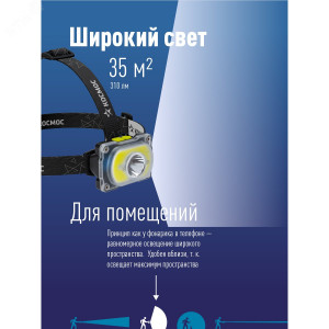 Фонарь аккумуляторный налобный 3Вт XPE LED+5Вт COB LED Li-ion 18650 1200мА.ч корпус ABS-пластик индикатор уровня заряда USB-шнур type C регулируемый эласт. ремешок KOC507Lit
