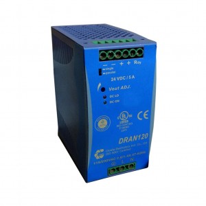 DRAN120-24A*, Преобразователь AC-DC на DIN-рейку  120Вт, выход 24В/5A (рег. 22.5...28.5В), вход 186…264V AC, 47…63Гц / 210…370VDC, PFC+паралл., функция UPS, изоляция 3000V AC, : 126х114х64мм, винтовые клеммы, -35…+71°С