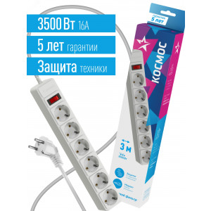 Удлинитель с сетевым фильтром 6х3м с заземл. 16А IP20 3.5кВт 3х1 с предохранителем с выкл. с индикатором сети бел. FKsm3m-6g(W)16A