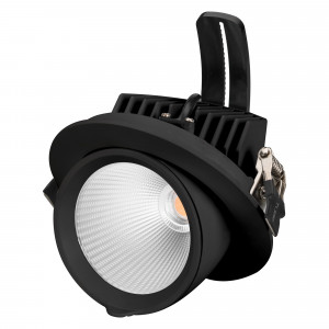 Светильник LTD-EXPLORER-R130-20W Day4000 (BK, 38 deg, 230V) 034522, Встраиваемый поворотно-выдвижной светильник. Мощность 20 Вт, св. поток 1600-1800 лм, 80-90 лм/Вт, дневной 4000 K, CRI>90, угол 38°, напряжение питания 230 В. Черный круглый корпус из алюминия, экран стекло, степень защиты IP20. Угол поворота 350°