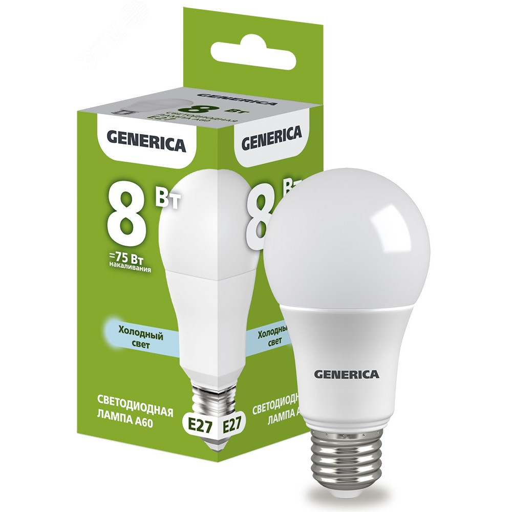 Изображение товара Светодиодная лампа A60 груша 8Вт E27 GENERICA LL-A60-08-230-65-E27-G