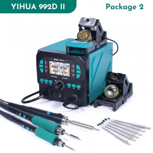 YIHUA992D-II PACKAGE 2, Термовоздушная паяльная станция с двумя паяльниками и мини феном. Паяльники 716D с жалом C210 240Вт/ 616D с жалом C245 290Вт, фен Q208S, температура фена 90-480°С, в комплекте насадки и дополнительные жала