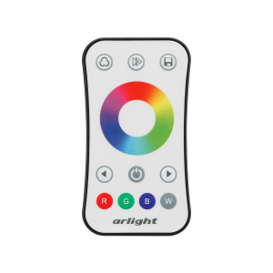 Пульт SMART-R14-RGBW (1 зона, 2.4G) 022671, Кнопочный радиопульт с сенсорным кольцом 2.4 ГГц белого цвета для управления RGB/RGBW источником света. 1 зона управления, выбор цвета с помощью сенсорного кольца. Питание 3VDC (CR2032). Габариты 107x58.5x9 мм. Изготовлен из пластика с покрытием, защищающ