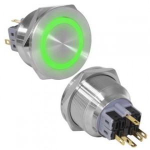 GQ28PF-11ZE/G/N ON-OFF+OFF-ON, Антивандальная кнопка металлическая с фиксацией и с подсветкой, посадочная резьба М28, контакты под пайку
