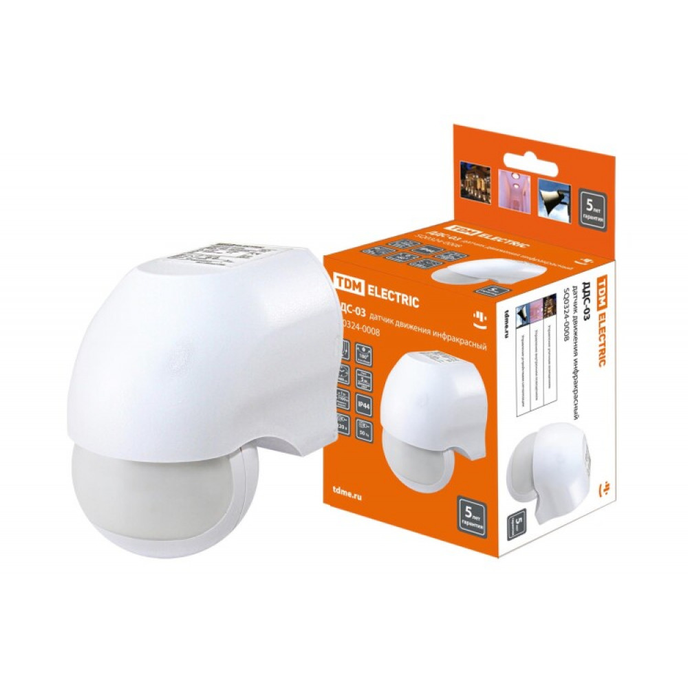 Изображение товара Датчик движения стена ДДС-03 1100Вт, 5-720с, 10м, 5+Лк, 180гр, IP44, SQ0324-0008