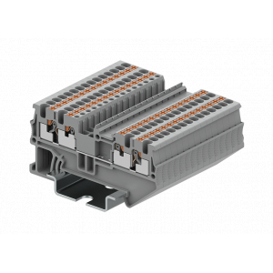 Проходная клемма TP1.5-4-GY, Проходная клемма, 4 точки подключения, тип фиксации провода: Push-in, номинальное сечение: 1.5 мм кв., 17,5A, 500V, ширина: 3,5 мм, цвет: серый, тип монтажа: DIN35