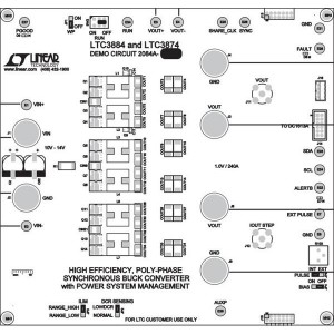 DC2084A, Средства разработки интегральных схем (ИС) управления питанием LTC3884EUK/LTC3874EUFD Demo Board 10V = VIN = 14V, 0.5V = VOUT = 1.5V @ 240A