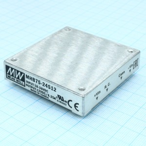 MHB75-24S12, Преобразователь DC/DC, 75Вт, вход 18…36В, выход 12В/6.25А, рег.выхода ±10%, КПД 88%, до 10000мкФ, On/Off, изоляция 1500В DC, в корпусе на плату, Half-Brick, 57.9х61x12.7мм, -40…+100°С