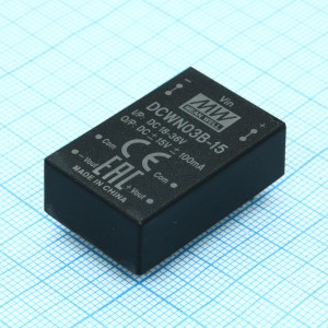 DCWN03B-15, Преобразователь DC/DC, 3Вт, вход 18…36В, выход ±15В/±0…100мА, изоляция 3000В DC, DIP24 (31.8х20.3Х10.2мм), -40…+90°С