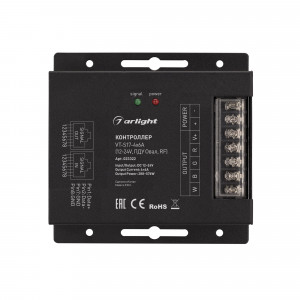 Контроллер VT-S17-4x6A (12-24V, ПДУ Овал, RF) 023322, 4-канальный RGBW контроллер с сенсорным радиопультом Овал черного цвета. Питание 12-24VDC, макс.ток 4х6A, максимальная мощность 288-576W. Габариты контроллера 91х88х24 мм.