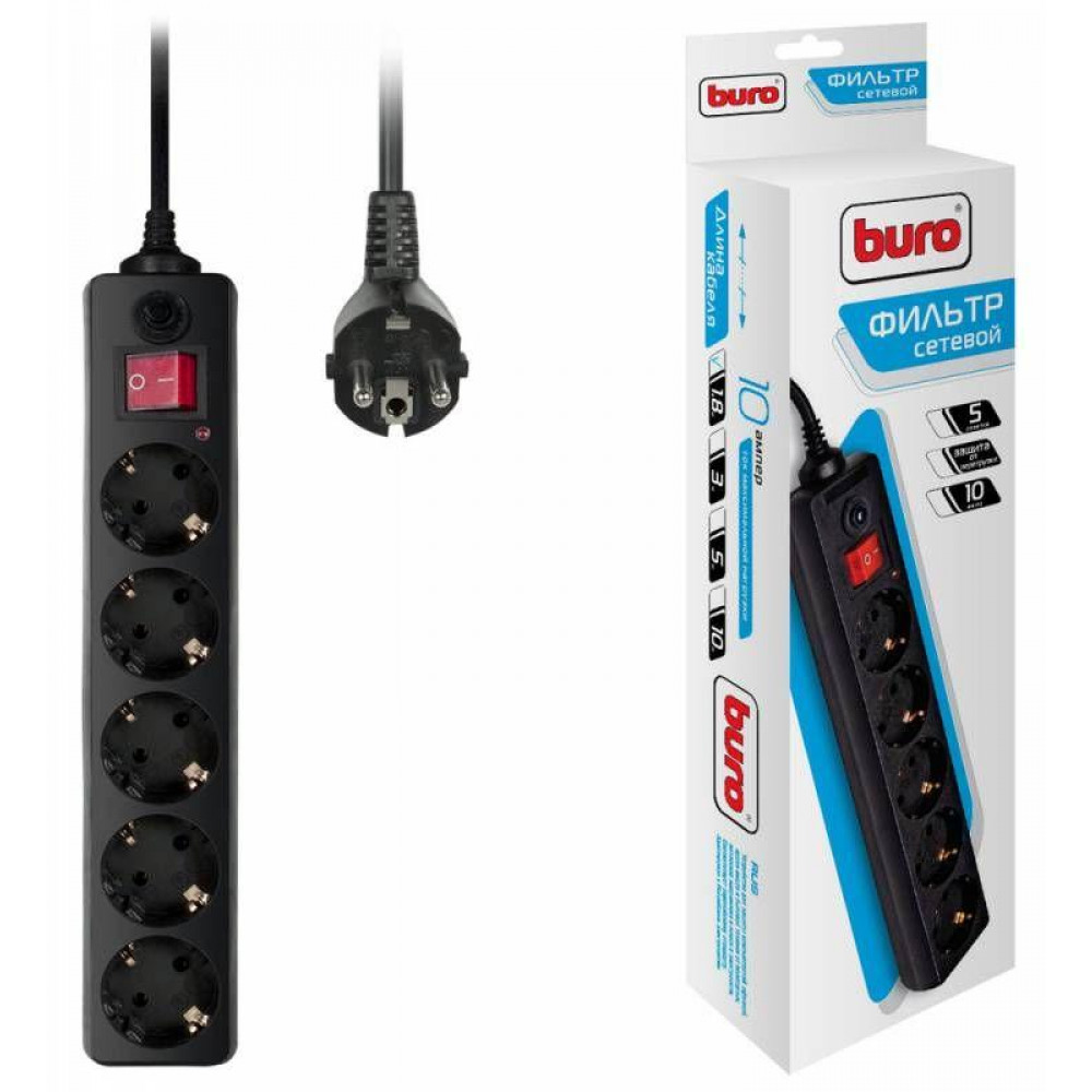 Изображение товара Удлинитель с сетевым фильтром 5x1.8м BURO 500SH-1.8-B черный