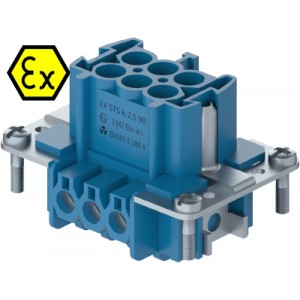 Контактная вставка 72.310.0653.9, Вилочная контактная вставка взрывозащищенного разъема REVOS Ex, Size 6, винтовая фиксация, с защитой провода, 6 полюсов + РЕ, 90 V, до 16 A, материал контактов: медный сплав, тип покрытия контактов: олово