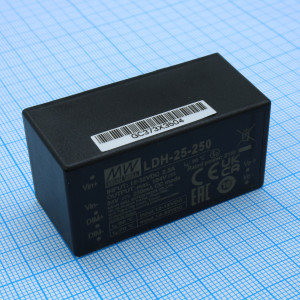 LDH-25-250, DC/DC LED понижающий, вход 9.5…32В, выход 12.5…84В/0.25А, КПД до 94%, вход DIMM 2 in 1, 52.4x27.2x24мм, DIP, -40…70°C, пластик