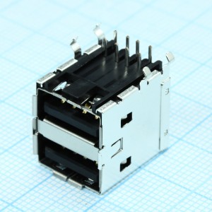 672983090, Разъем USB тип А розетка сдвоенная, 4/4 контакта угловой монтаж в отверстие 8 выводов 2 порта лоток