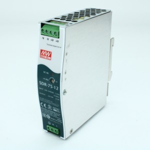 SDR-75-12, Преобразователь AC-DC на DIN-рейку  75Вт, выход 12В/6.3A (пиковый 9.375А), рег. вых 12...14В, вход 88…264V AC, 47…63Гц /124…370В DC, изоляция 3000В AC, в кожухе  32х125.2х102мм, -30…+70°С