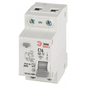 Выключатель автоматический дифференциального тока 1P+N С16 30мА тип АС АВДТ 4.5кА SIMPLE D12E2C16AC30 АД-12 электронное Б0058920