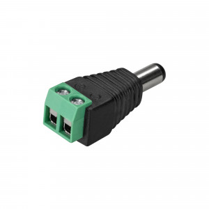 Коннектор Terminal-MONO-2pin-M (Jack 5.5) 019218(1), Коннектор для подключения светодиодных лент к сетевым адаптерам с DC-коннектором 5.5мм (напряжение не выше 48В). Одна сторона - клеммная колодка для провода ленты, вторая - DC-разъём (папа) для сетевого адаптера. Номинальный ток 3 А.