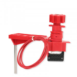 gwrF35X, Блокиратор универсальный со стальным тросом в ПВХ-оболочке и рычагом малый, нейлон и сталь, длина троса – 2.4 м, диаметр троса – 3.2 мм, длина рычага – 120 мм, размер зажима – 160х74х42 мм, цвет – красный, 1 шт/упак