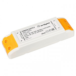 Блок питания ARV-12036 (12V, 3A, 36W) 022092(1), Источник напряжения с гальванической развязкой для светодиодных изделий. Входное напряжение 100-240 VAC. Выходные параметры: 12 В, 3 А, 36 Вт. Встроенный PFC >0,5. Негерметичный пластиковый корпус IP 20. Габаритные размеры длина 140 мм, ширина 45 мм, высо