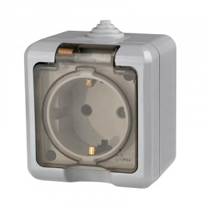 Розетка 1-м ОП Dita 16А IP54 250В с заземл. с прозр. крышкой сер. TKL-DT-R1Z-C06T-IP54