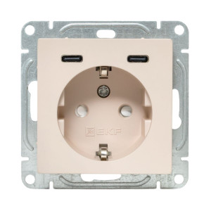 Механизм розетки с USB-C - 2шт, 16А, с заземлением, со шторками, кремовый Эпика EKF UP1-SOI-111-2USBC
