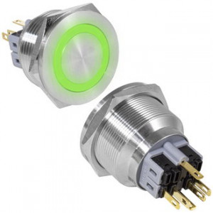 GQ28PF-11E/G/N ON-(OFF)+OFF-(ON), Антивандальная кнопка металлическая без фиксации с подсветкой, посадочная резьба М28, контакты под пайку