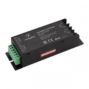 Декодер ARL-7022-DMX (12-24V, 1x25A, DMX512) 027152, Декодер сигнала DMX512 в ШИМ (PWM). Напряжение питания DC 12-24V, 1 канал управления, ток нагрузки до 25А, максимальная мощность 300-600W, винтовые клеммы. Адреса устанавливаются DIP-переключателями на корпусе. Габариты 127х42х33 мм.