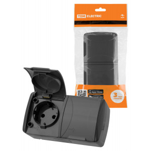 Розетка двойная 2П+3 открытой установки IP54 16А с крышкой серая "Селигер" SQ1818-0114