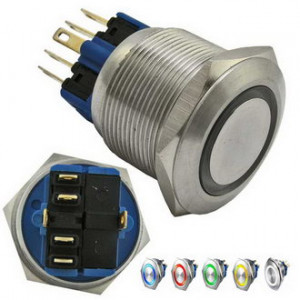 GQ25-11ZE/B ON-OFF+OFF-ON, Антивандальная кнопка металлическая с фиксацией и с кольцевой подсветкой, посадочная резьба М25, контакты под пайку