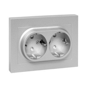 Механизм розетки двойной, 16А, с заземлением, со шторками, с рамкой, алюминий Эпика EKF UP1-SOA-211