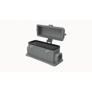 Закрытое основание разъема D24B-SF-4g-CV-2PG21, Основание разъема на панель, закрытое, типоразмер 24B, с уплотнителем, 2 отверстия с резьбой для кабельных вводов PG21, без защелок (упоры для двух защелок), с защитной крышкой, материал корпуса: алюминиевый сплав