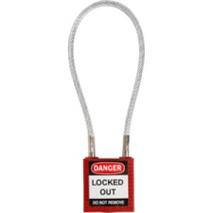 gws146120, Замок нейлоновый компактный с гибкой дужкой, дужка – стальной трос в виниловой оболочке, высота дужки – 107 мм, диаметр дужки – 4.7 мм, нейлоновый корпус, размеры корпуса – 35х32х16 мм, цвет – красный, 1 шт/упак