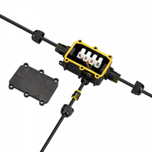 Коробка распределительная NEO-GERM-3-WTW (5-9mm) 030762, Коробка распределительная пластиковая с тремя выходами для соединения проводов диаметром 5-9 мм, сечением 0,5-2,5 мм2. Номинальный ток 24 А. Номинальное напряжение 450 В. Цвет черный. Степень защиты IP68. Рабочая температура -20 +80°С. Подключение питания